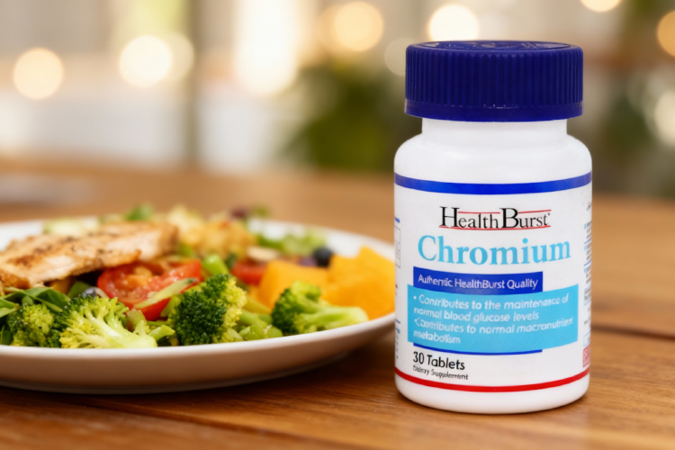 قرص کرومیوم هلث برست برای لاغری کنار وعده غذایی سالم